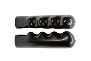 Side view of two black, glossy PVC finger-nubbed grips at different angles to show profile of the handle.