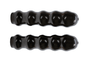 Side-by-side view of two black, dip moulded, glossy PVC convoluted grips.
