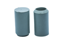 Side view of two grey rubber straight-sided injection moulded feet with a flat base.