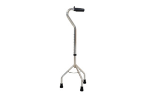 Three-legged metal walking crutch with an injection moulded plastic grip on the handle and three rubber feet mounted on each leg.